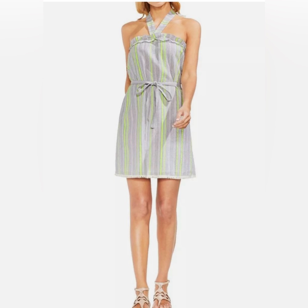 VINCE CAMUTO Grey Multi Fringe-trim Halter Shift Dress, Size M